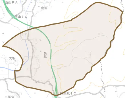 矢駄とその周辺の地図。町の範囲を重ねている