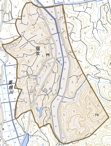 宿女とその周辺の地図。町の範囲を重ねている