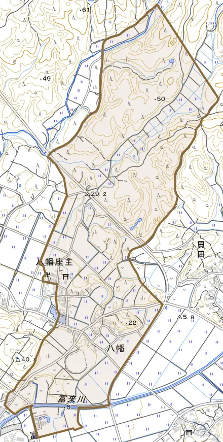 八幡とその周辺の地図。町の範囲を重ねている