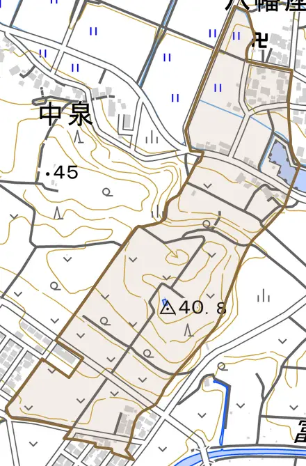 八幡座主とその周辺の地図。町の範囲を重ねている