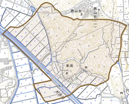 米浜とその周辺の地図。町の範囲を重ねている
