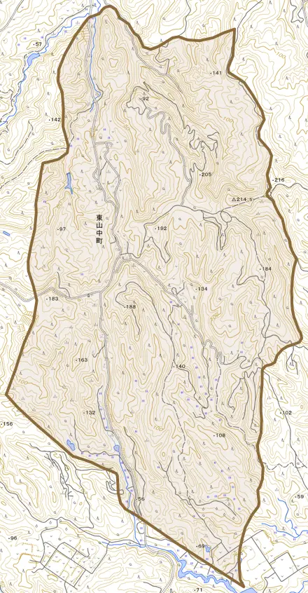 東山中町とその周辺の地図。町の範囲を重ねている