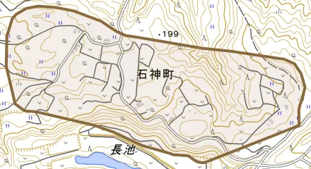 石神町とその周辺の地図。町の範囲を重ねている