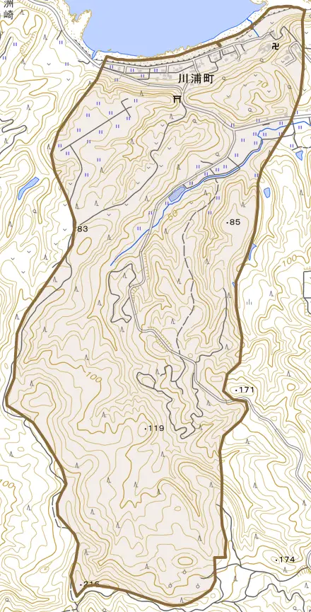 川浦町とその周辺の地図。町の範囲を重ねている