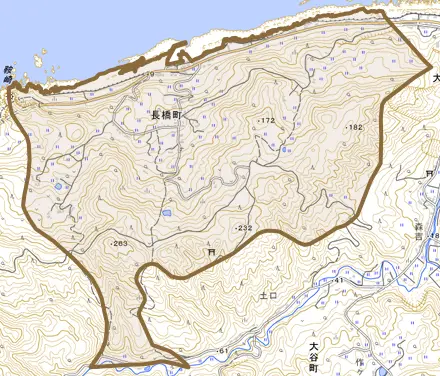 長橋町とその周辺の地図。町の範囲を重ねている