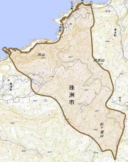 仁江町とその周辺の地図。町の範囲を重ねている