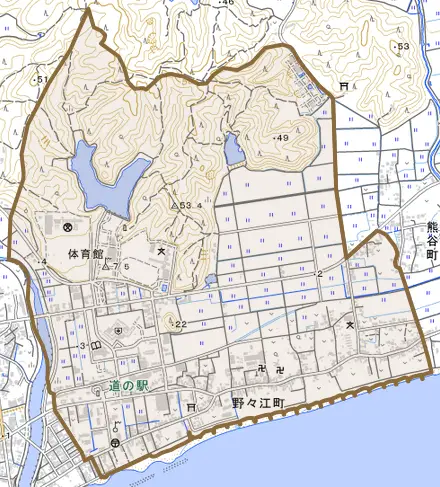 野々江町とその周辺の地図。町の範囲を重ねている