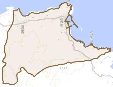 狼煙町とその周辺の地図。町の範囲を重ねている
