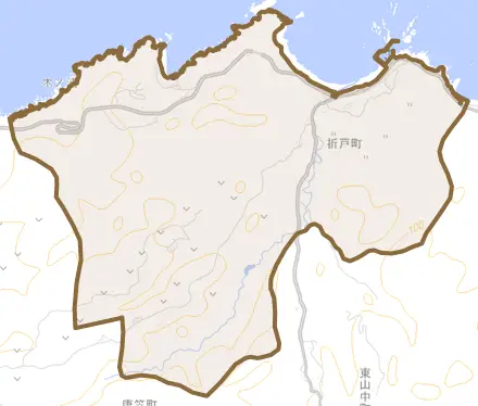 折戸町とその周辺の地図。町の範囲を重ねている