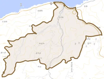 大谷町とその周辺の地図。町の範囲を重ねている