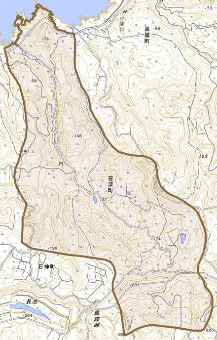 笹波町とその周辺の地図。町の範囲を重ねている