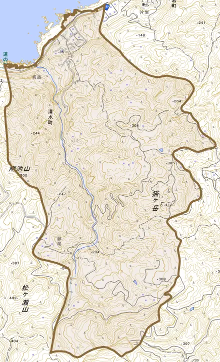清水町とその周辺の地図。町の範囲を重ねている