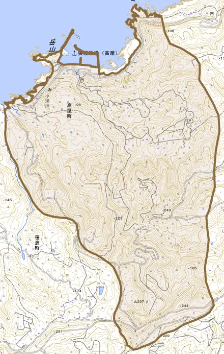 高屋町とその周辺の地図。町の範囲を重ねている
