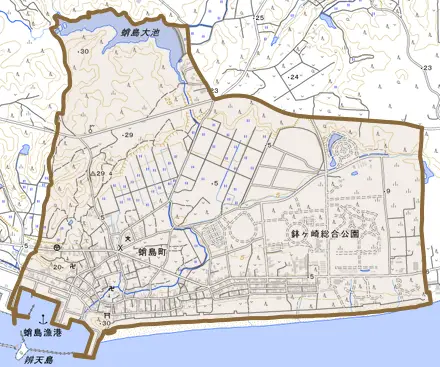 蛸島町とその周辺の地図。町の範囲を重ねている