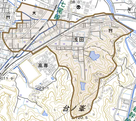 字浅田とその周辺の地図。町の範囲を重ねている