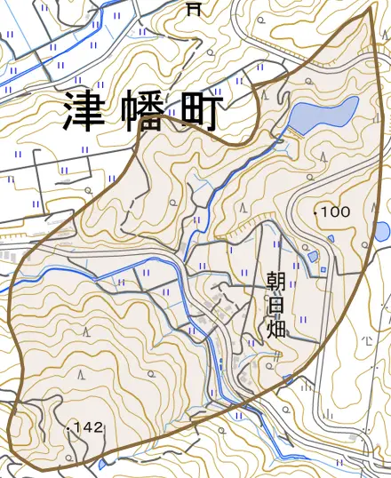 字朝日畑とその周辺の地図。町の範囲を重ねている