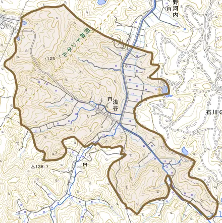 字浅谷とその周辺の地図。町の範囲を重ねている