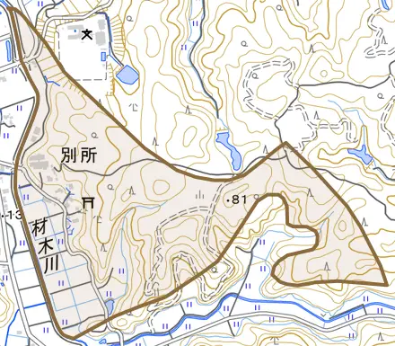 字別所とその周辺の地図。町の範囲を重ねている