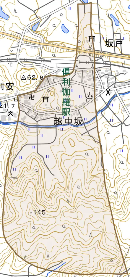 字越中坂とその周辺の地図。町の範囲を重ねている