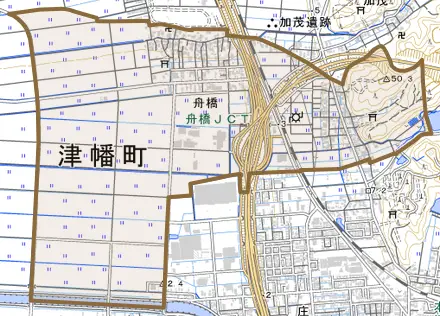 字舟橋とその周辺の地図。町の範囲を重ねている