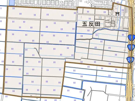 字五反田とその周辺の地図。町の範囲を重ねている