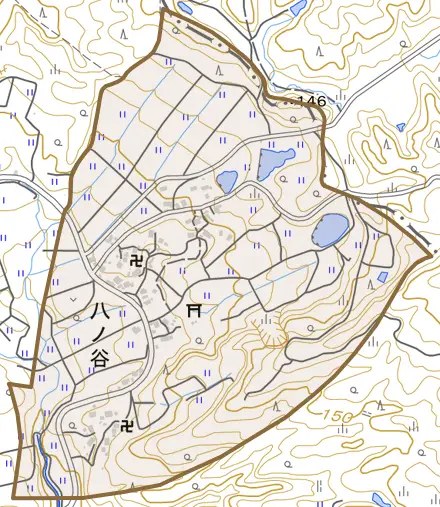 字八ノ谷とその周辺の地図。町の範囲を重ねている