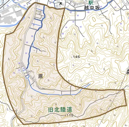 字原とその周辺の地図。町の範囲を重ねている