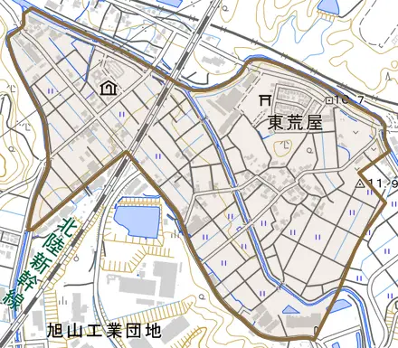 字東荒屋とその周辺の地図。町の範囲を重ねている