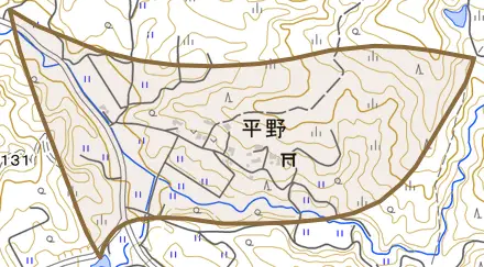 字平野とその周辺の地図。町の範囲を重ねている