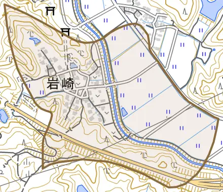 字岩崎とその周辺の地図。町の範囲を重ねている