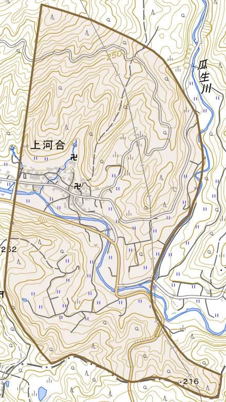 字上河合とその周辺の地図。町の範囲を重ねている