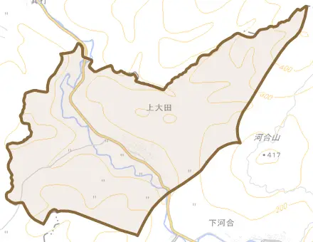 字上大田とその周辺の地図。町の範囲を重ねている
