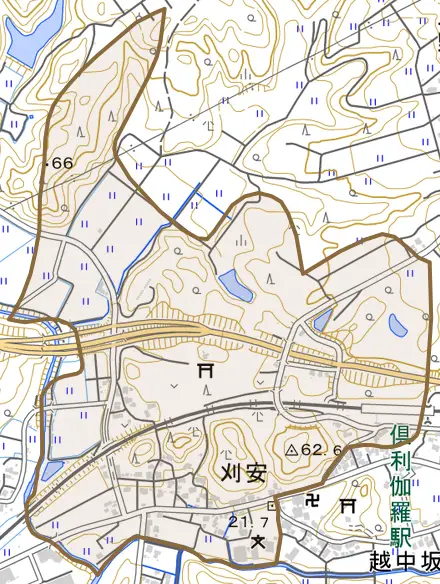 字刈安とその周辺の地図。町の範囲を重ねている