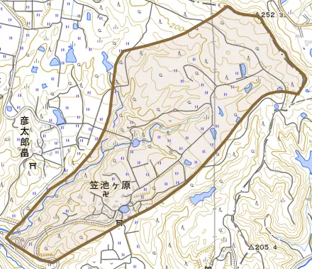 字笠池ケ原とその周辺の地図。町の範囲を重ねている