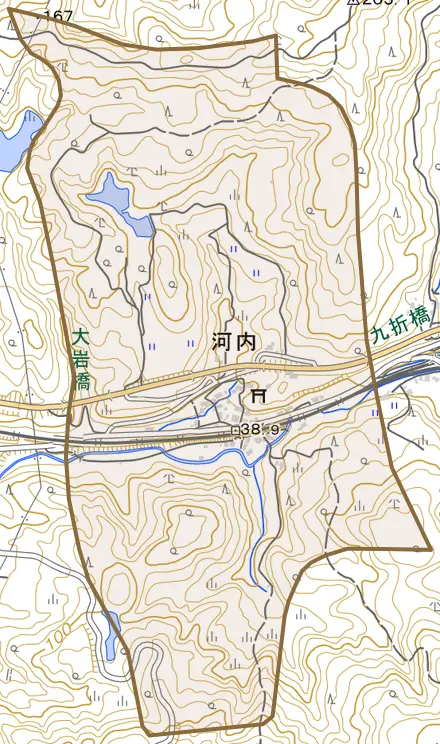 字河内とその周辺の地図。町の範囲を重ねている