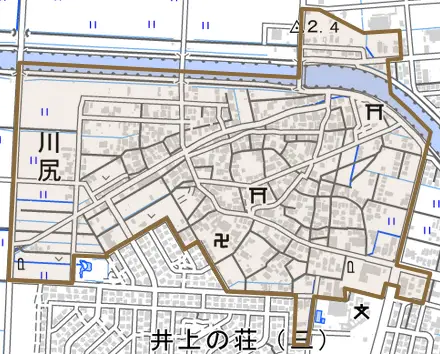 字川尻とその周辺の地図。町の範囲を重ねている