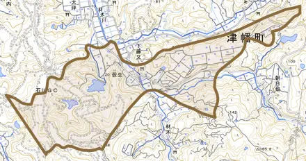 字仮生とその周辺の地図。町の範囲を重ねている