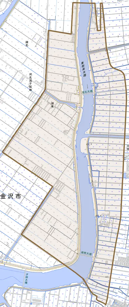 字湖東とその周辺の地図。町の範囲を重ねている