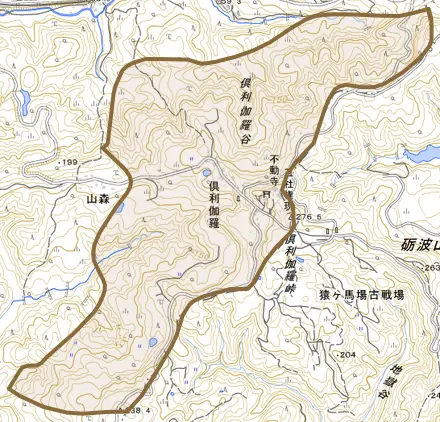 字倶利伽羅とその周辺の地図。町の範囲を重ねている