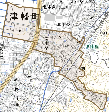 字南中条とその周辺の地図。町の範囲を重ねている