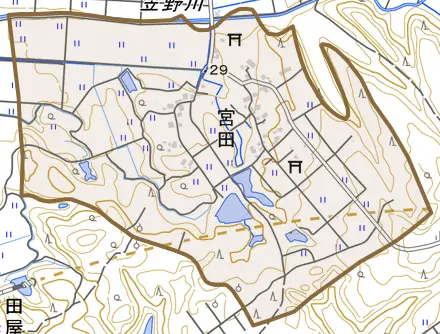 字宮田とその周辺の地図。町の範囲を重ねている