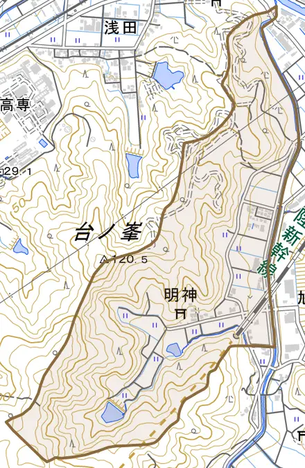 字明神とその周辺の地図。町の範囲を重ねている