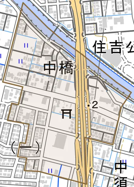 字中橋とその周辺の地図。町の範囲を重ねている