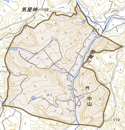 字中山とその周辺の地図。町の範囲を重ねている
