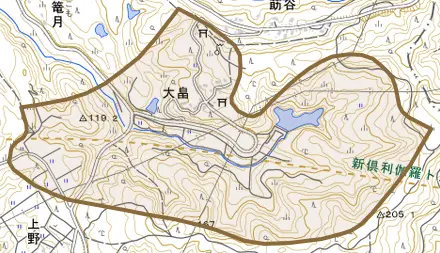 字大畠とその周辺の地図。町の範囲を重ねている