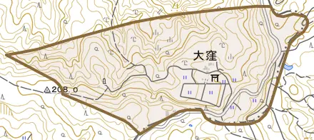 字大窪とその周辺の地図。町の範囲を重ねている