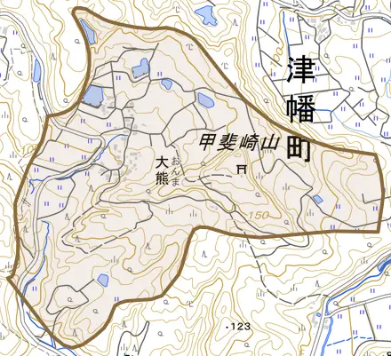 字大熊とその周辺の地図。町の範囲を重ねている