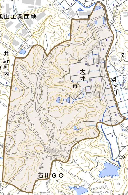 字大坪とその周辺の地図。町の範囲を重ねている