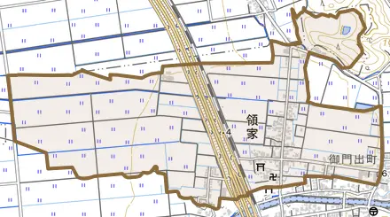 字領家とその周辺の地図。町の範囲を重ねている