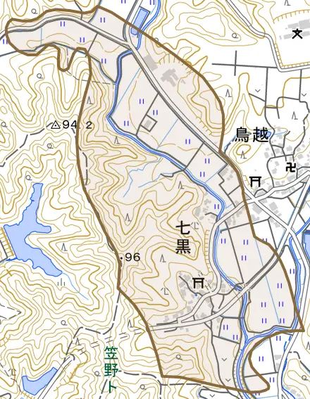字七黒とその周辺の地図。町の範囲を重ねている